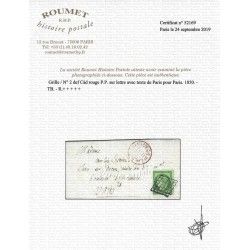 Cérès non dentelé N°2 oblitéré grille et PP Rouge sur lettre de Paris 1850. R