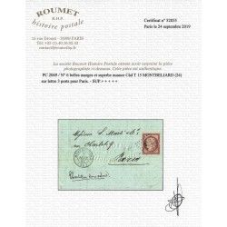 Cérès non dentelé N°6 oblitéré PC 2069 sur lettre de Montbéliard 1852, SUP. R