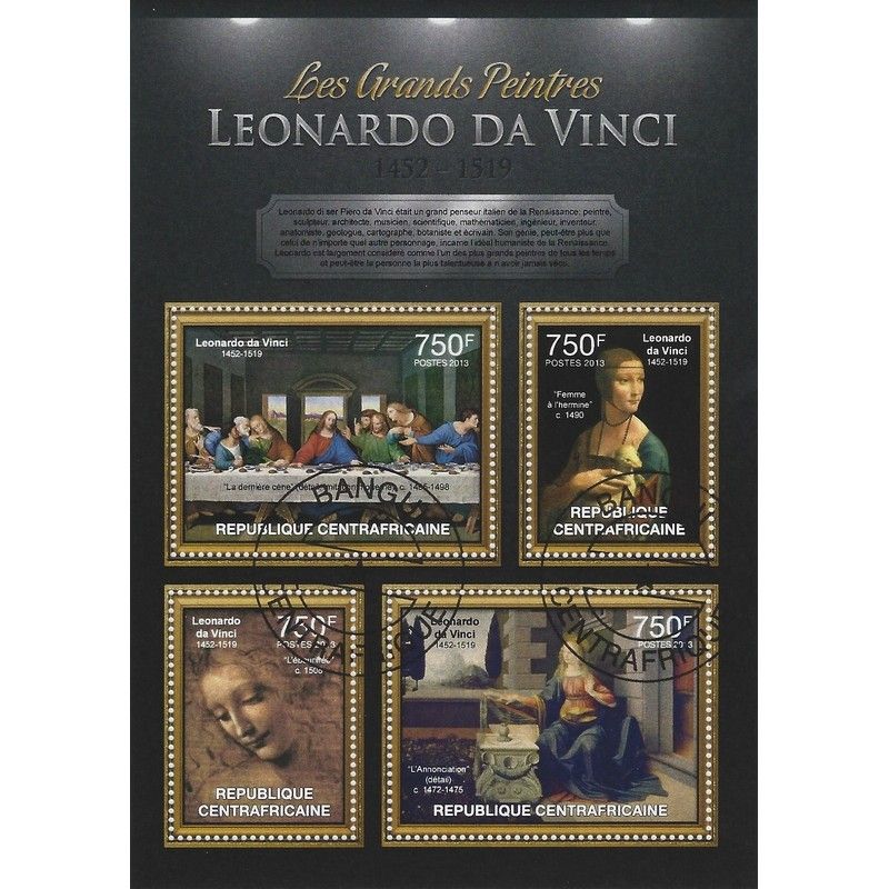 Léonard de Vinci bloc-feuillet de 4 timbres République Centrafricaine.
