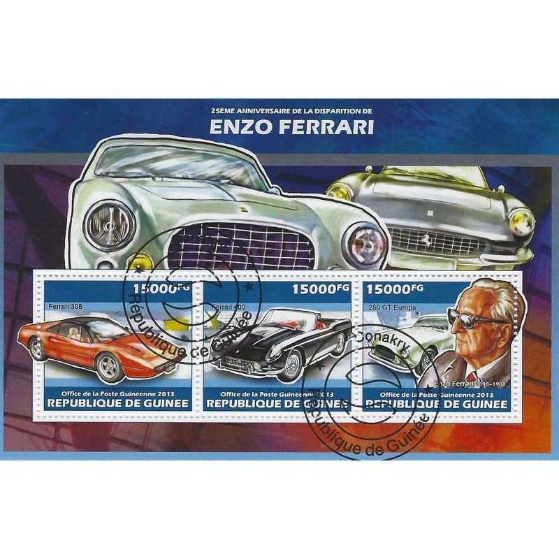 Enzo Ferrari bloc-feuillet de 3 timbres thématiques.
