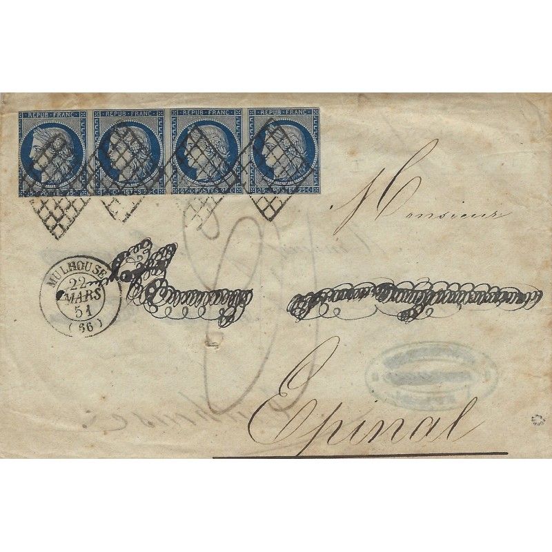 Cérès N°4 bande de 4 oblitéré grille sur lettre de Mulhouse 1851.