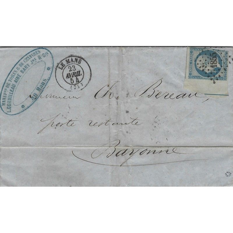 Empire N°15 avec filet d'encadrement oblitéré sur pli de 1854, RR.