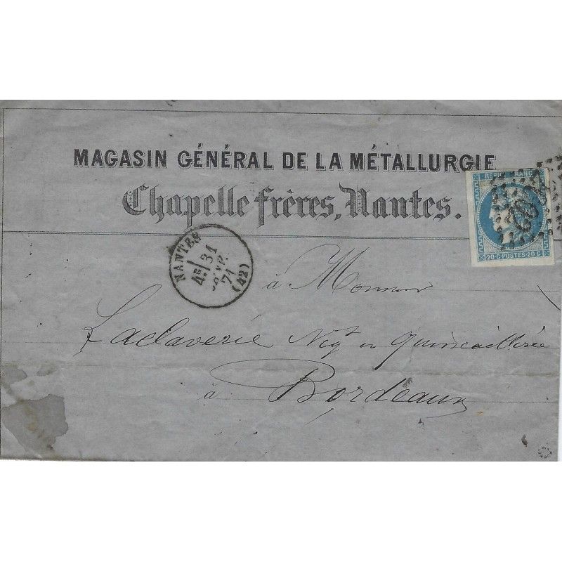 Bordeaux timbre de France N°46A oblitéré sur pli de Nantes 1871.