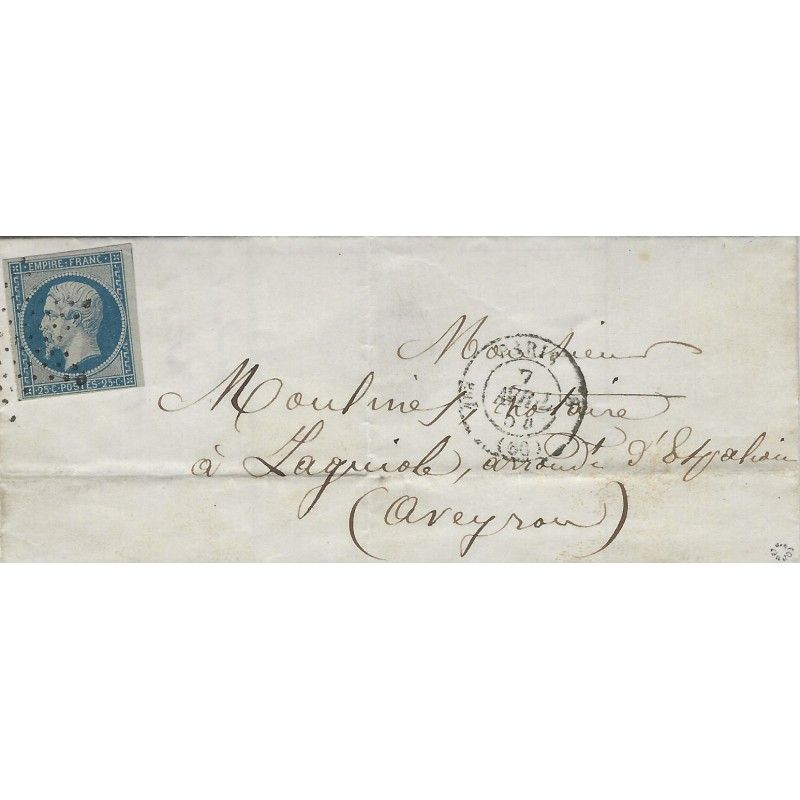 Empire timbre de France N°15 oblitéré étoile sur pli de Paris 1854.
