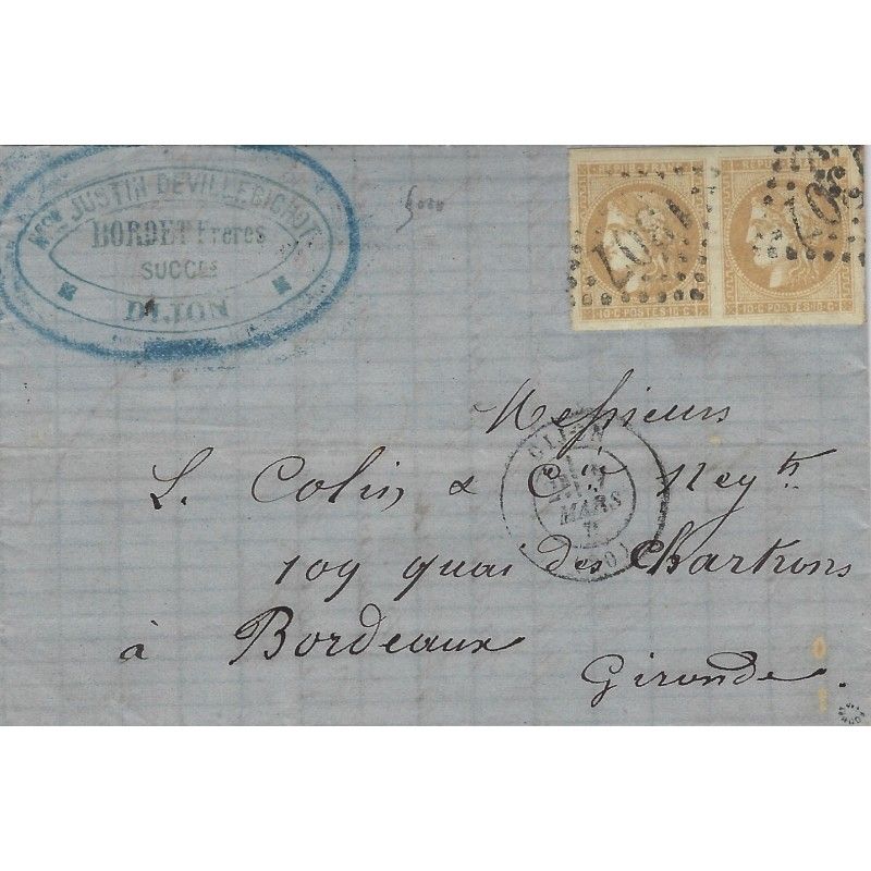 Bordeaux timbre de France N°43B paire oblitéré sur pli de Dijon 1871.