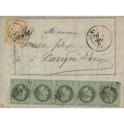 Affranchissement septembre 1871 timbres N°25 bande de 5 et N°36. R
