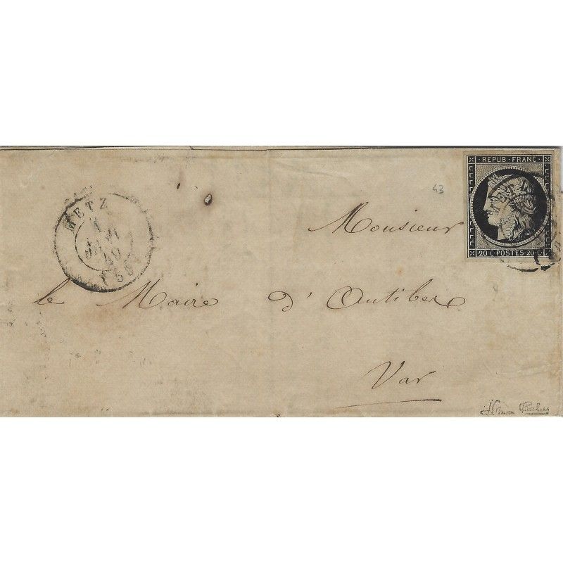 Cérès timbre de France N°3 oblitéré sur pli 1 janvier 1849. RR