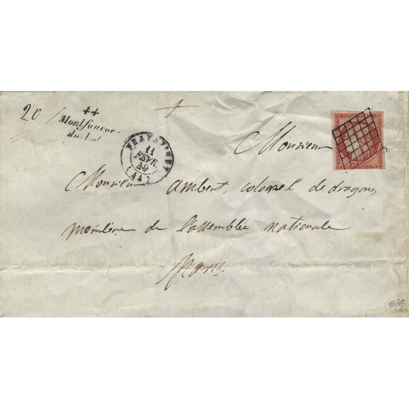 Cérès vermillon vif N°7 a oblitéré sur lettre avec cursive 1849. SUP. RRR