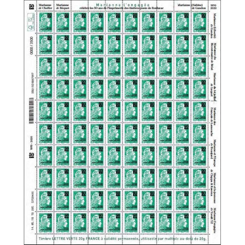 Feuillet de 100 timbres Marianne l'engagée surchargé 50 ans gravés dans l'histoire.