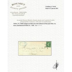 Cérès non dentelé N°2 oblitéré étoile sur lettre de Paris 1853. R