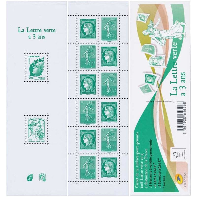 Carnet mixte de 14 timbres La lettre verte a 3 ans N°1521.