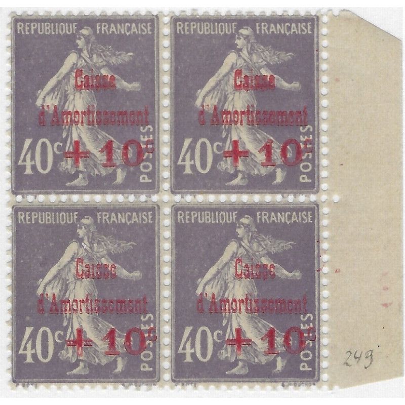 Caisse d'Amortissement timbre N° 249 bloc de 4 neuf**.