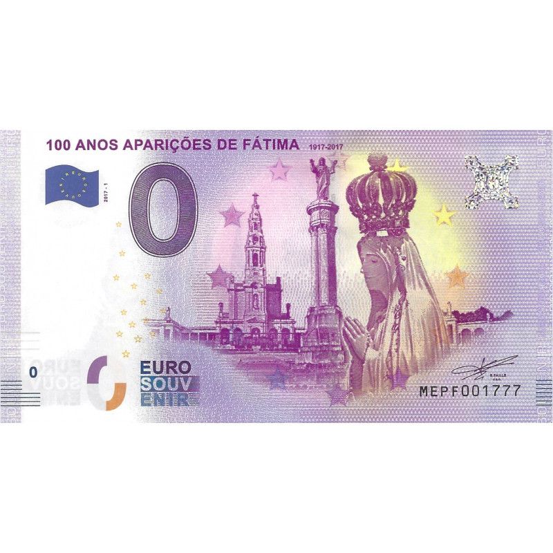 Billet Euro souvenir 100 ans des apparitions de Fatima 2017.