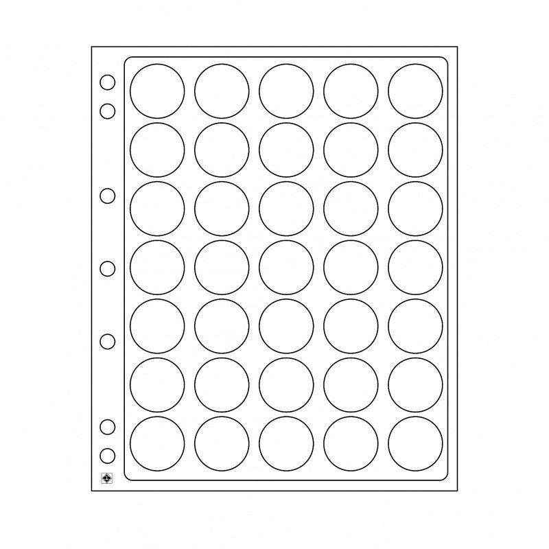 Feuilles plastique Encap à 35 cases rondes pour capsules 28 à 30 mm.