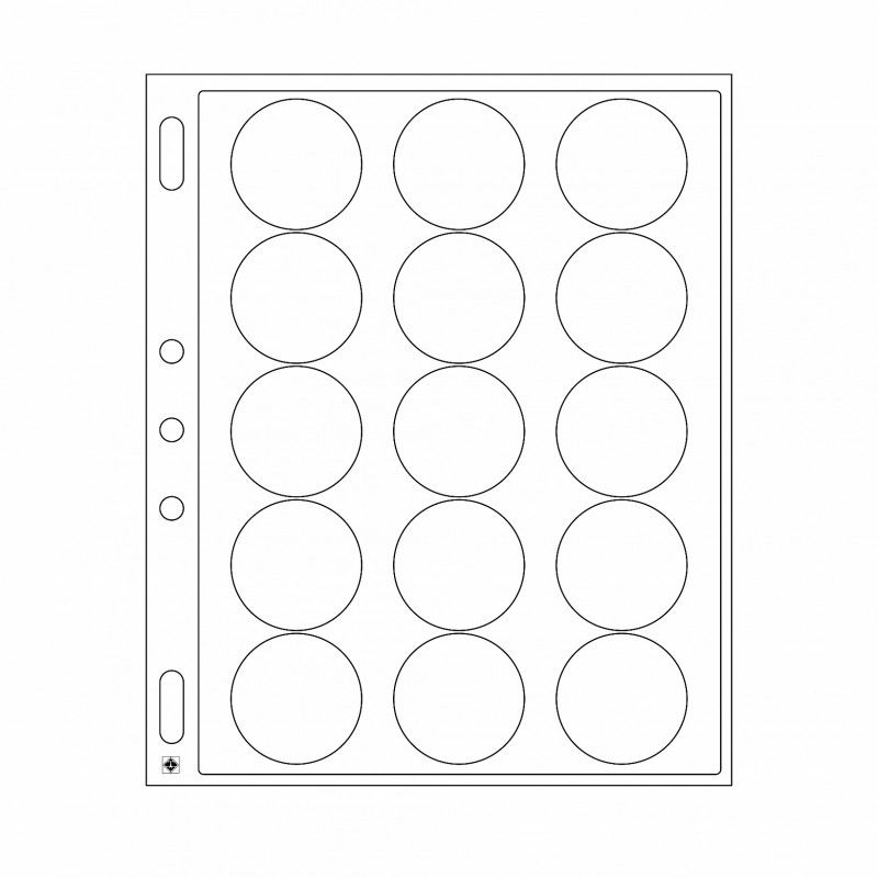 Feuilles plastique Encap à 15 cases rondes pour capsules 44 à 45 mm.