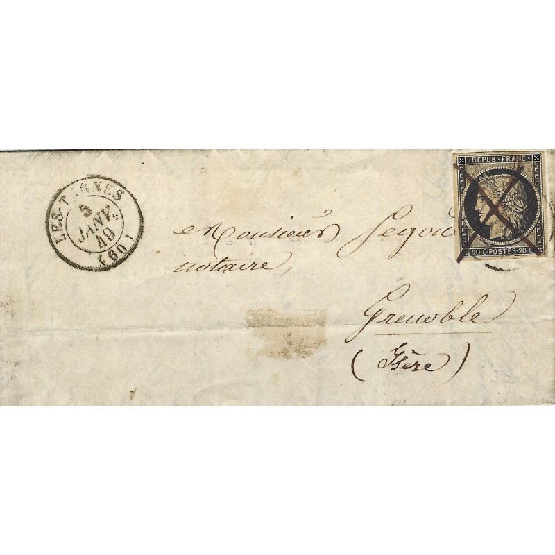 Cérès non dentelé N°3 oblitéré plume + càd sur lettre du 5 janvier 1849. R