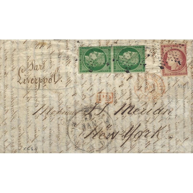 Cérès N°2 paire + N°6 oblitéré étoile 2 sur lettre pour New York 1853. R