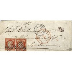 Cérès non dentelé N°5 paire oblitéré grille sur lettre pour Londres 1850. R