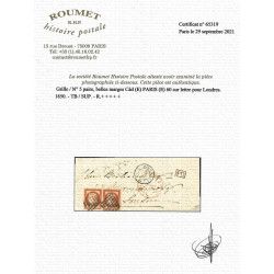 Cérès N°5 paire oblitéré grille sur lettre pour Londres 1850. R