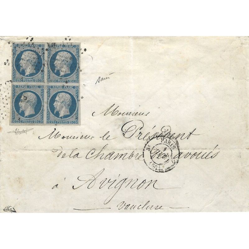Présidence timbre de France N°10 bloc de 4 oblitéré étoile sur lettre de Paris 1853, RR.