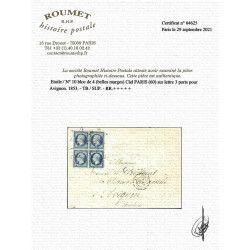 Présidence N°10 bloc de 4 oblitéré étoile sur lettre de Paris 1853. RR