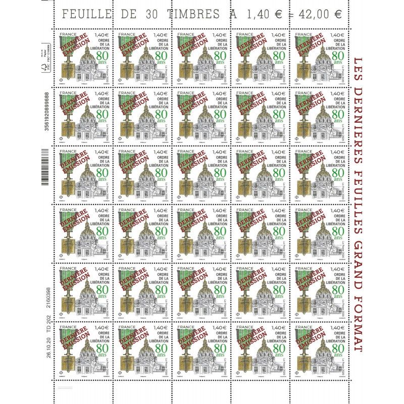 Feuillet de 30 timbres 80 ans Ordre de la Libération surchargé 5458A neuf**.