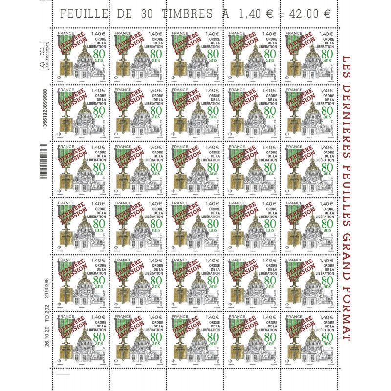 Feuillet de 30 timbres 80 ans Ordre de la Libération surchargé 5458A neuf**.